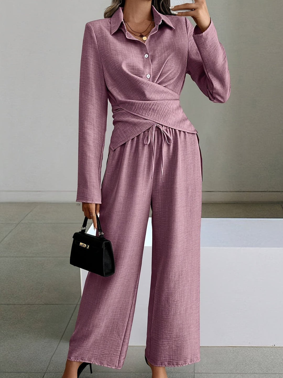 Florence - Women’s Elegant Two-Piece Set - Cross-Tie Waist & Wide-Leg Trousers