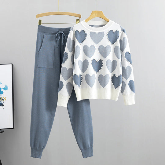 Iris - heart print tops and solid color pants knitted set