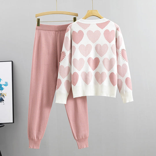 Iris - heart print tops and solid color pants knitted set