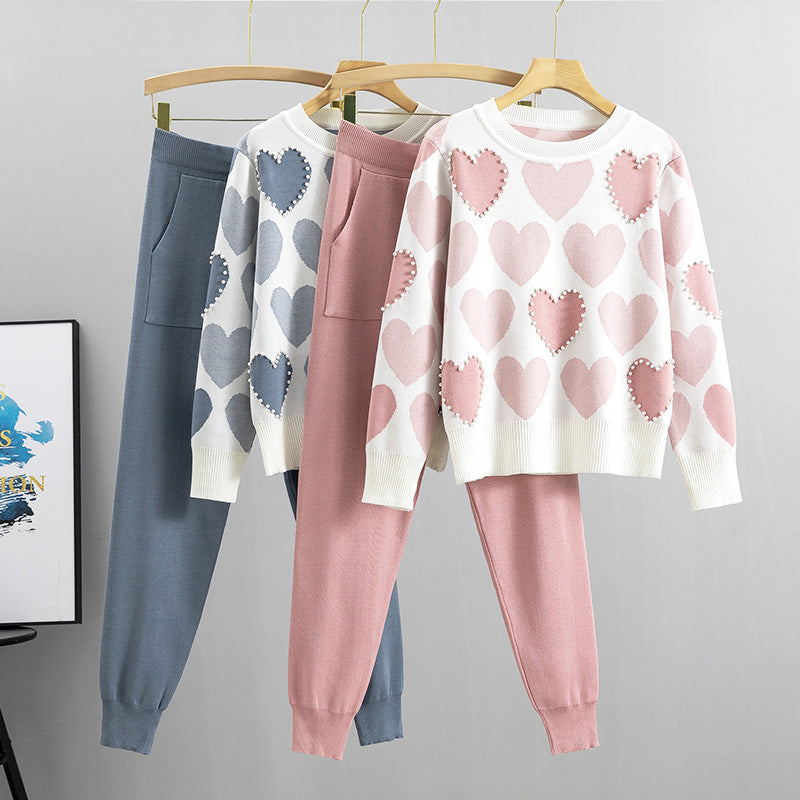 Iris - heart print tops and solid color pants knitted set