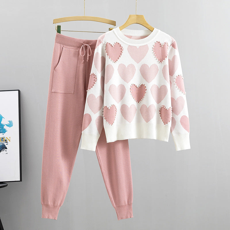 Iris - heart print tops and solid color pants knitted set