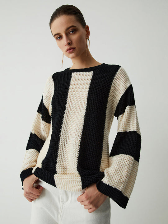 Elegant women's pointelle stripe sweater