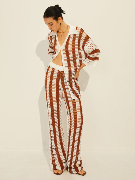 Comfy stripe polo knit pants 2-piece set for women