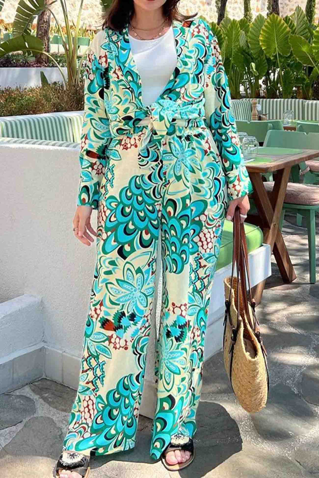 Aurora - lapel printed wide-leg pants set