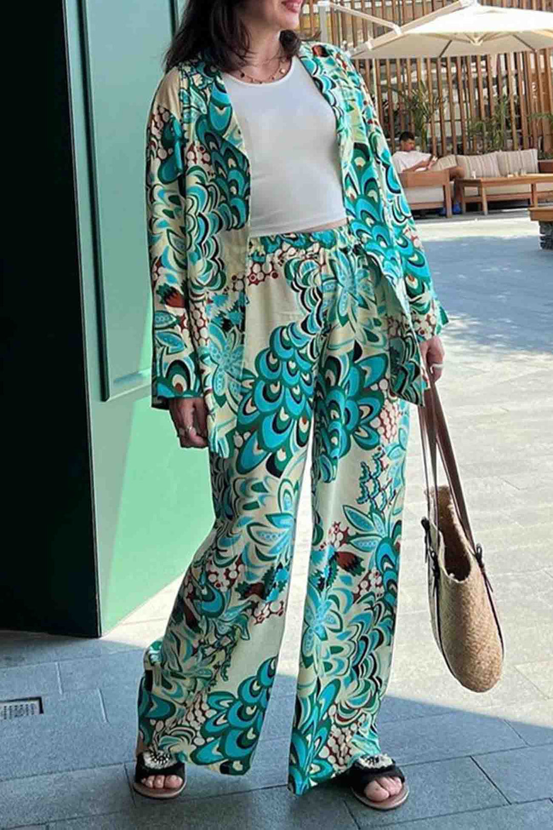 Aurora - lapel printed wide-leg pants set