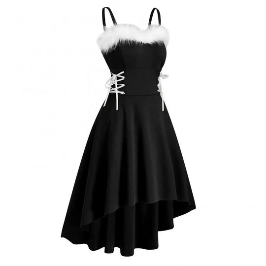 Faux fur trim corset dress with asymmetrical hem