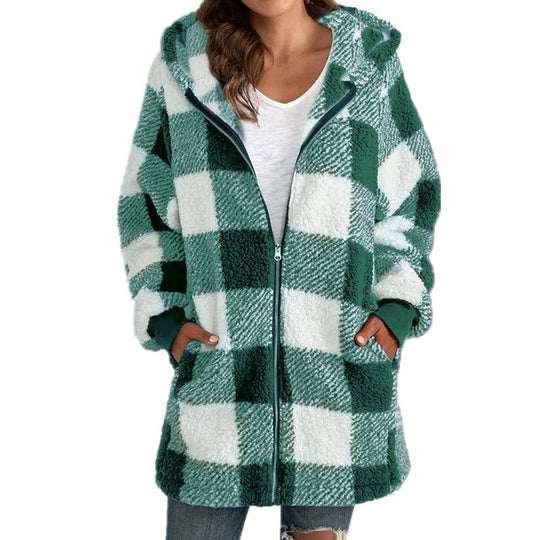 Katarina - plaid hooded jacket with long zipper and pockets