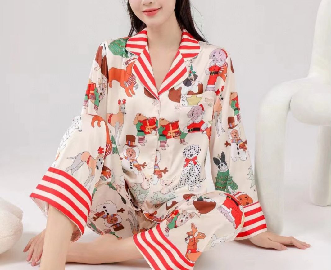 Women's holiday dog print pajama set with red-striped accent