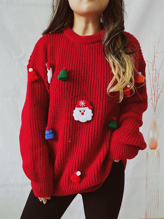 Women's oversized Christmas sweater with Santa and ornaments