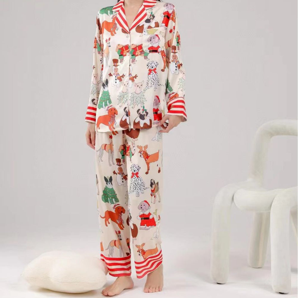 Women's holiday dog print pajama set with red-striped accent