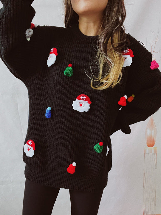 Women's oversized Christmas sweater with Santa and ornaments