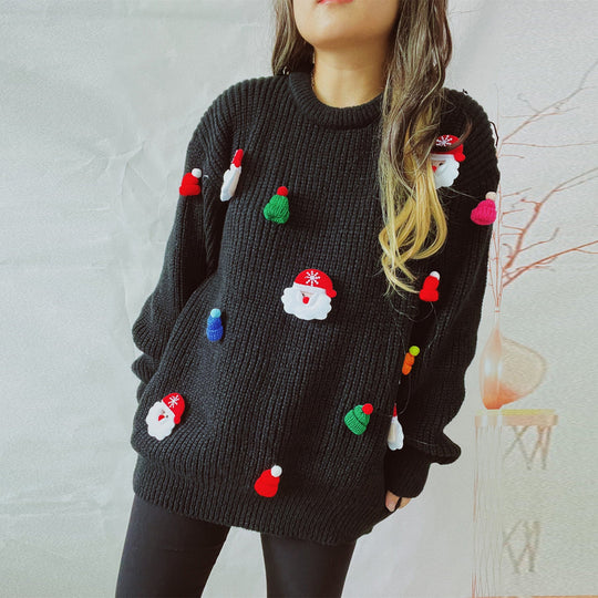 Women's oversized Christmas sweater with Santa and ornaments