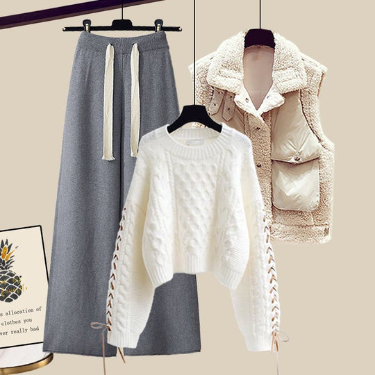 Aloisa - round neck knit pullover comfy drawstring wide-leg pants and lapel collar vest set