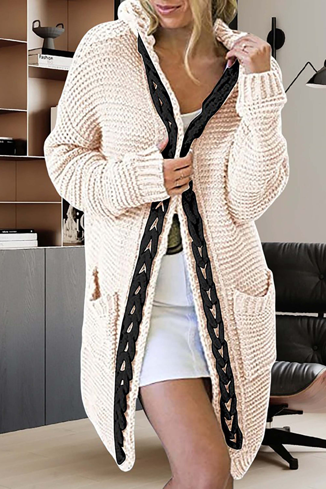 Alissia - knitted long sleeve  contrast color sweater with hood