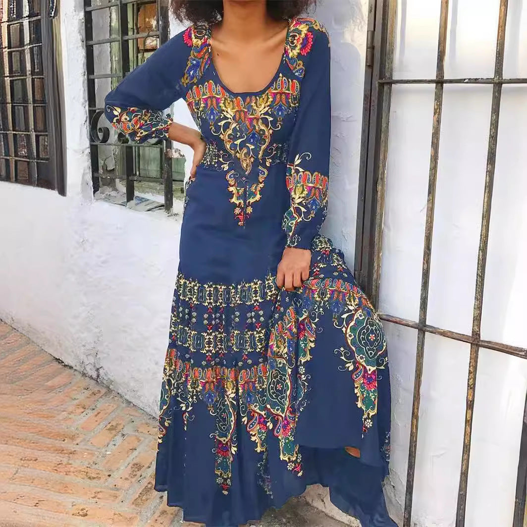 Aza - boho u-neck long sleeve blends knitting dress