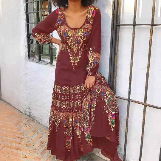 Aza - boho u-neck long sleeve blends knitting dress