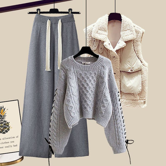 Aloisa - round neck knit pullover comfy drawstring wide-leg pants and lapel collar vest set