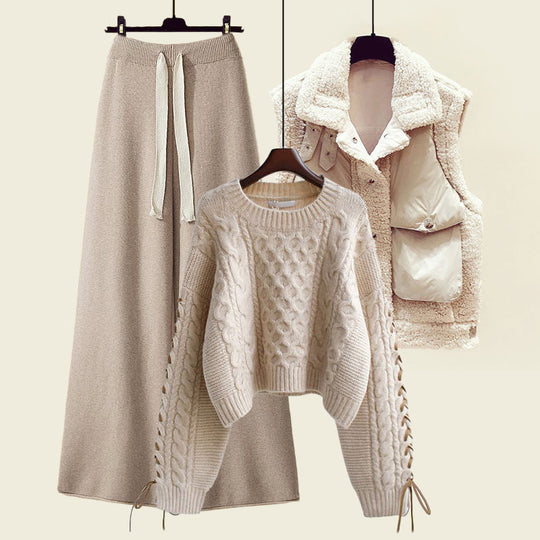 Aloisa - round neck knit pullover comfy drawstring wide-leg pants and lapel collar vest set