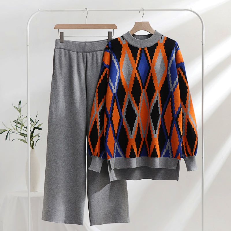 Beatriz - mosaic two piece long sleeve sweater and wide leg pants set