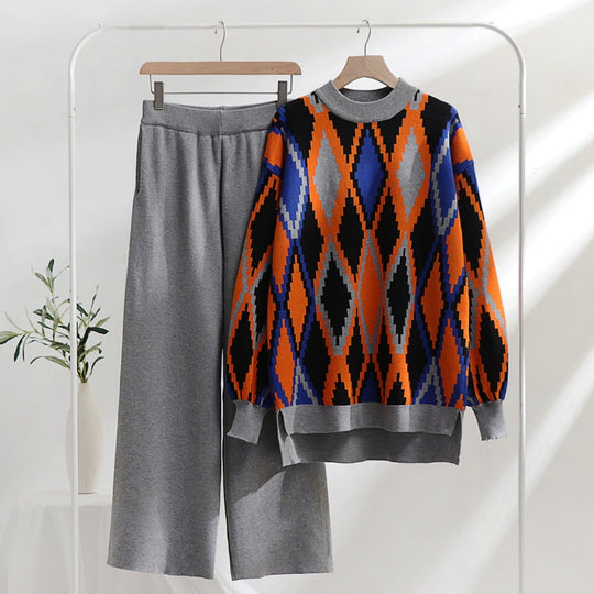 Beatriz - mosaic two piece long sleeve sweater and wide leg pants set