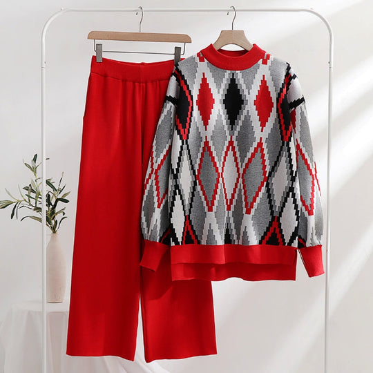 Beatriz - mosaic two piece long sleeve sweater and wide leg pants set