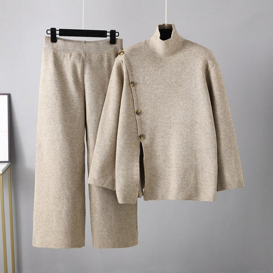 Joanie - slit knitted turtleneck sweater wide-leg pants set