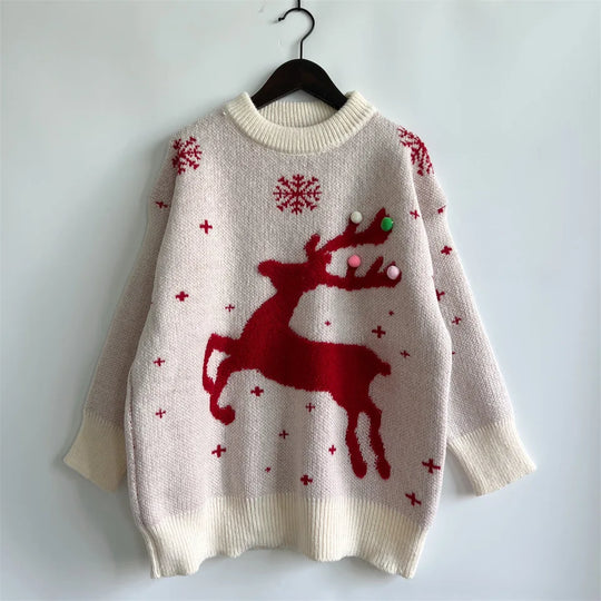 Women's reindeer pom-pom holiday sweater