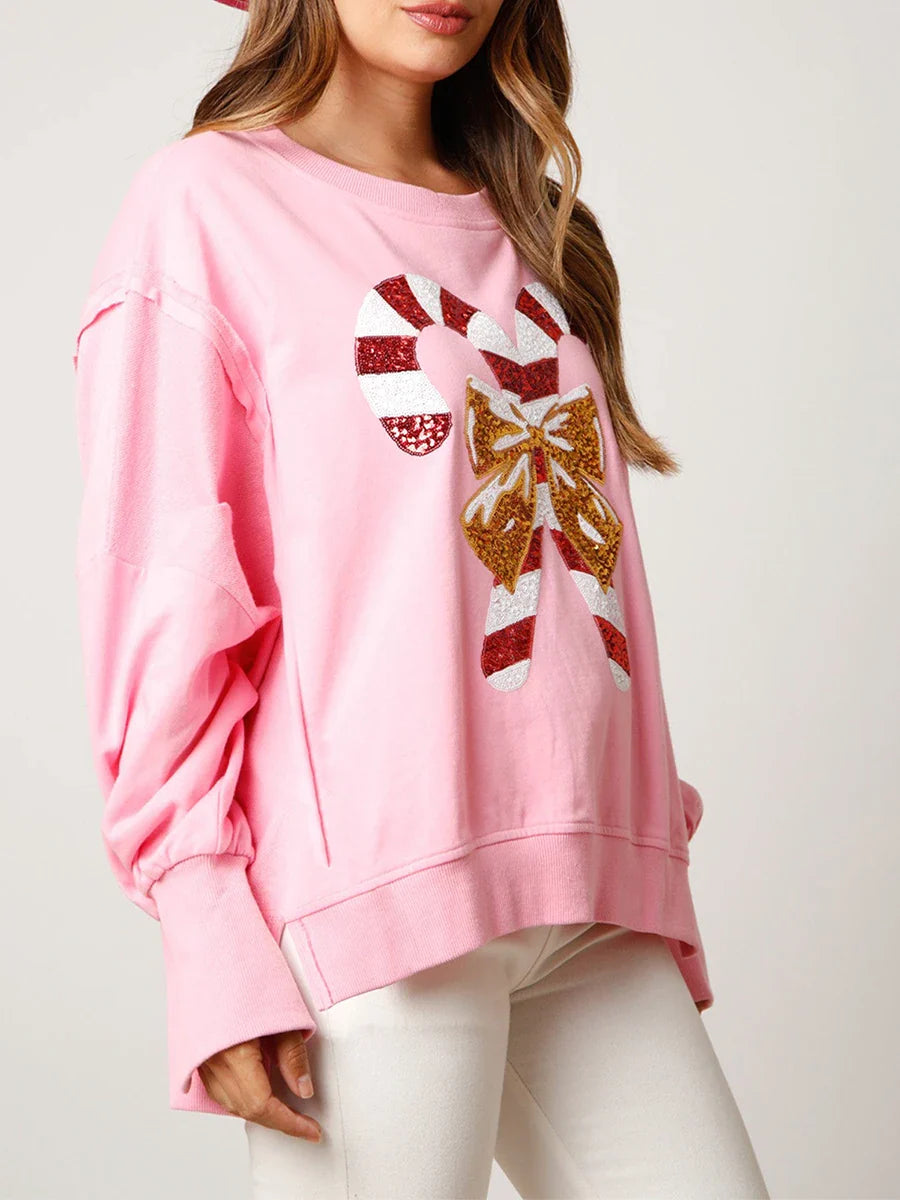 Women's oversized holiday sequin candy cane sweatshirt