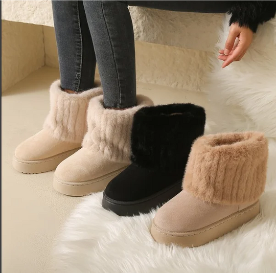 Women's black winter boots plush mid heel waterproof snow boots