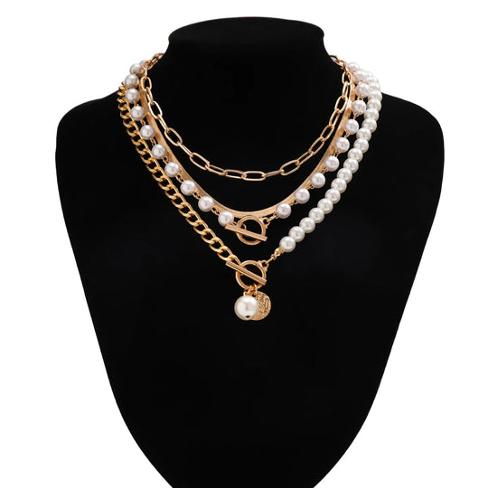 Mailani - layered imitation pearl and thick chain choker necklace for women