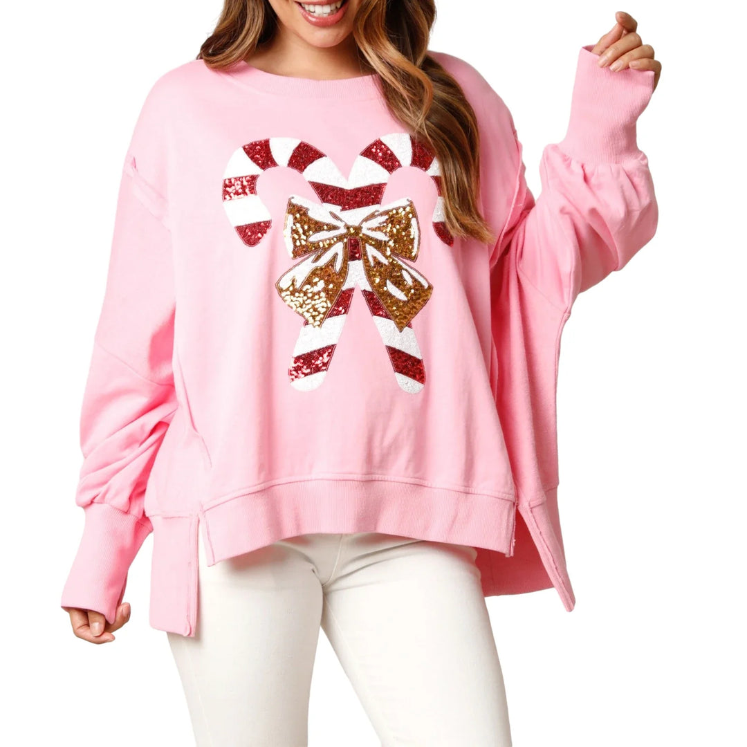 Women's oversized holiday sequin candy cane sweatshirt