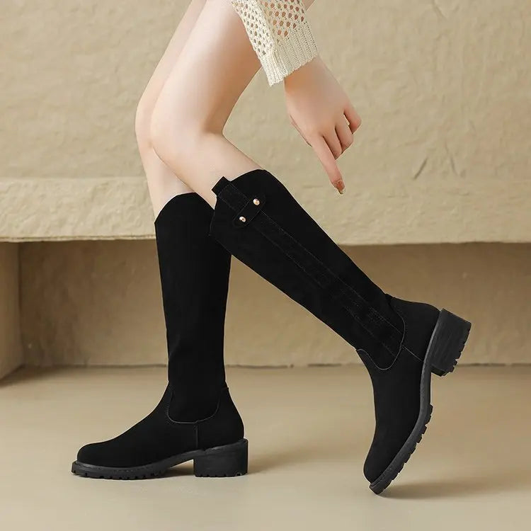 Western mid-calf boots with chunky heel slip-on for women