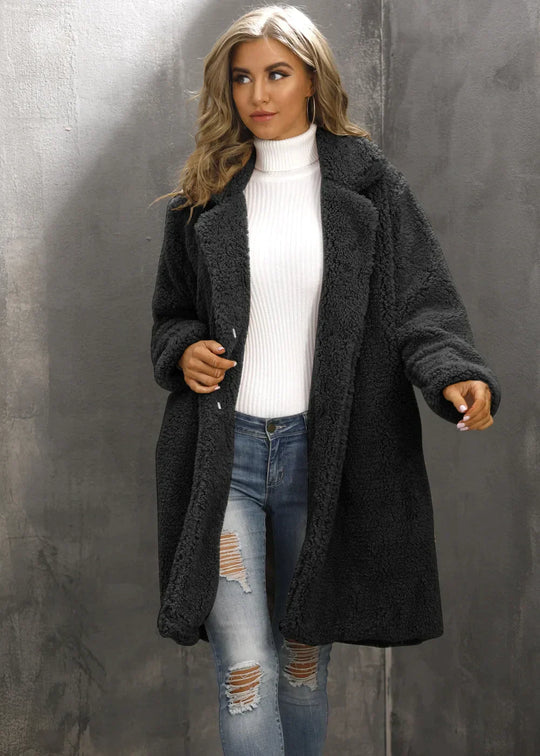 Long cozy warm winter jacket for women with open front