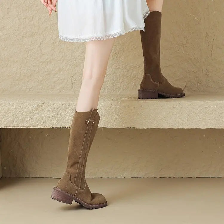 Western mid-calf boots with chunky heel slip-on for women