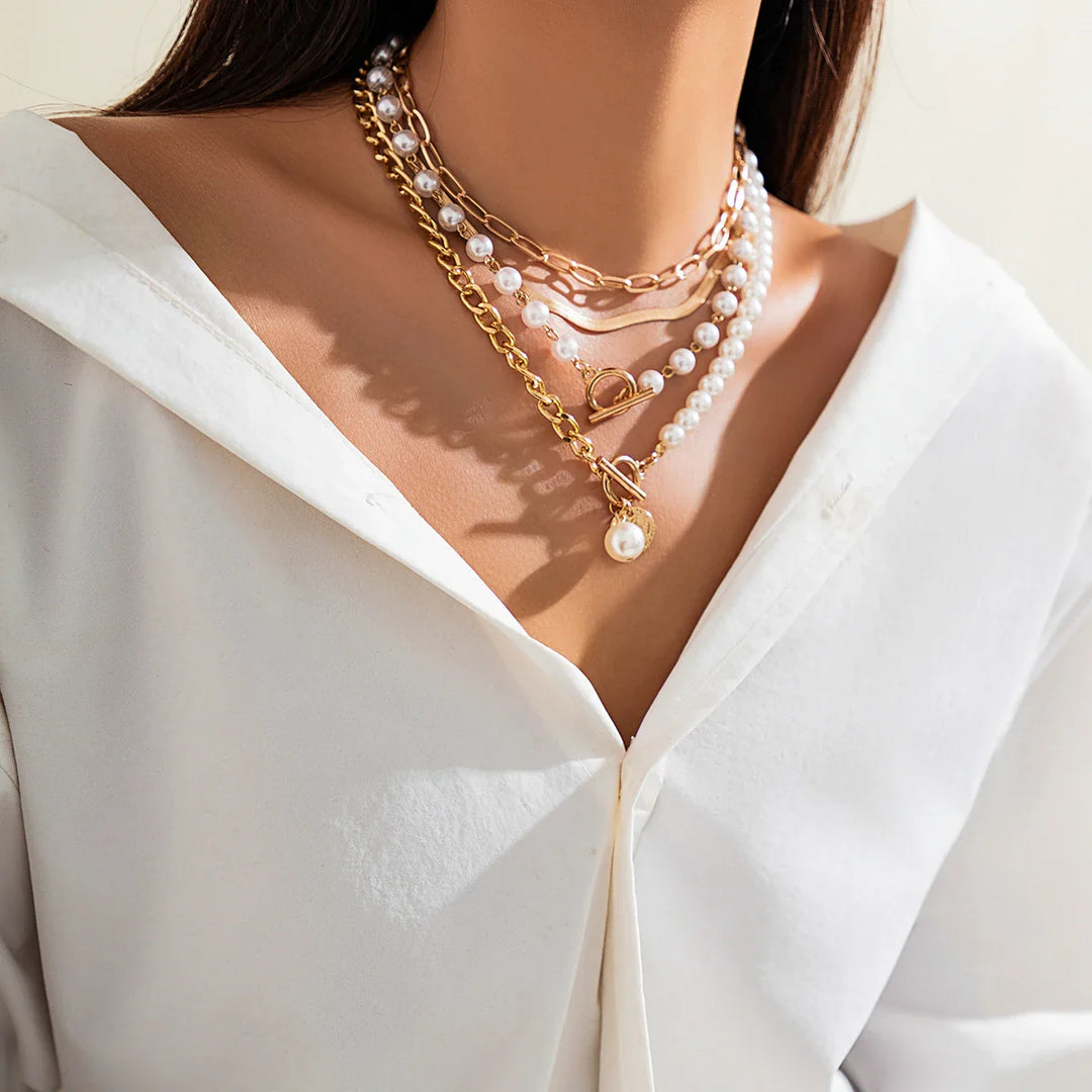 Mailani - layered imitation pearl and thick chain choker necklace for women