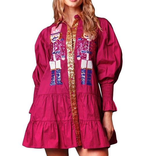 Women's holiday nutcracker sequin shirt dress