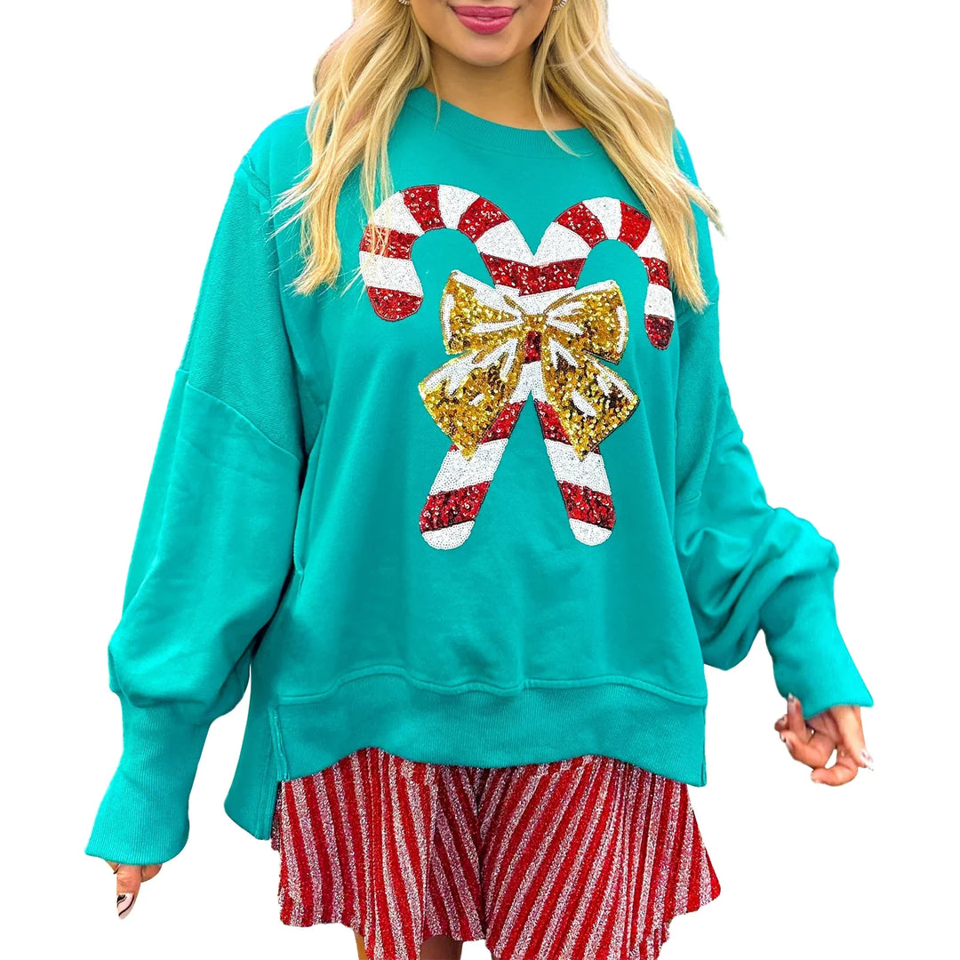 Women's oversized holiday sequin candy cane sweatshirt