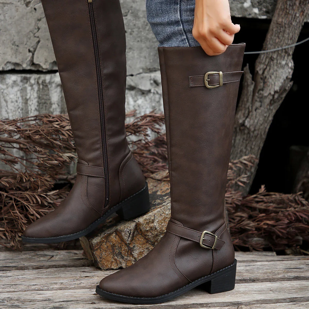 Knee-high riding boots with buckle strap and low heel for women