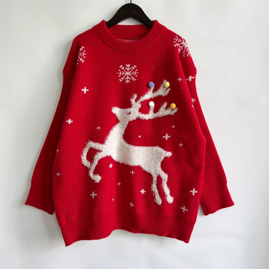 Women's reindeer pom-pom holiday sweater