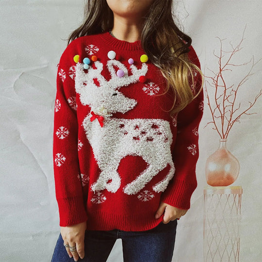 Festive reindeer pom pom Christmas sweater with snowflake print