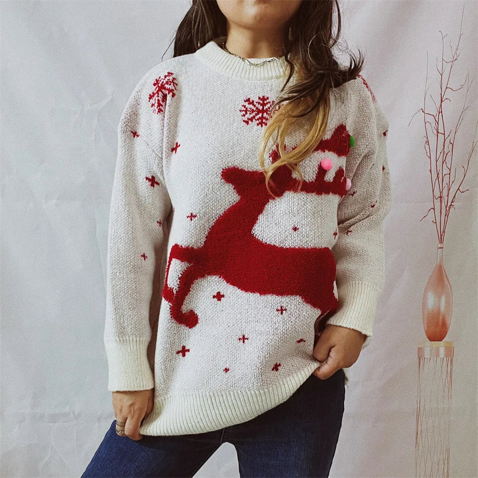 Women's reindeer pom-pom holiday sweater