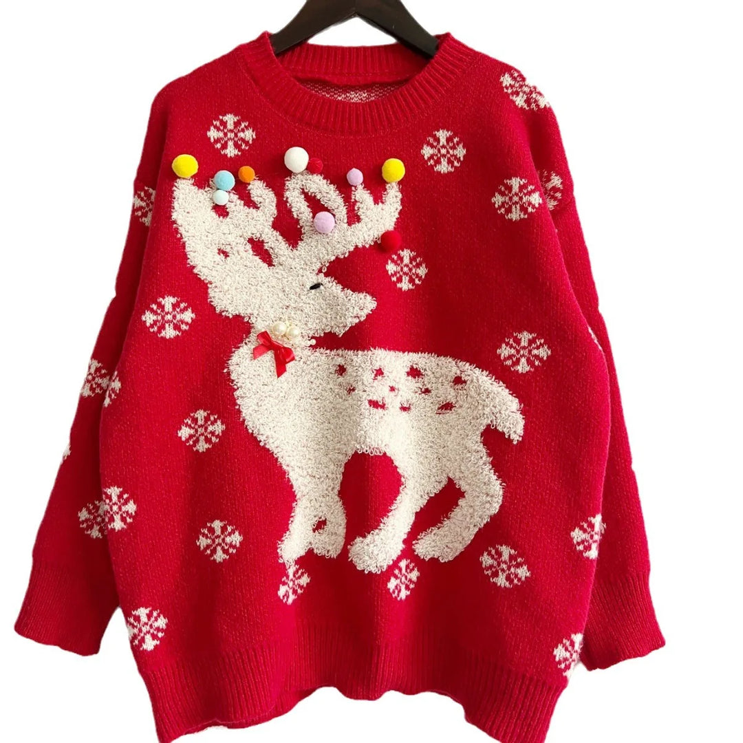 Festive reindeer pom pom Christmas sweater with snowflake print