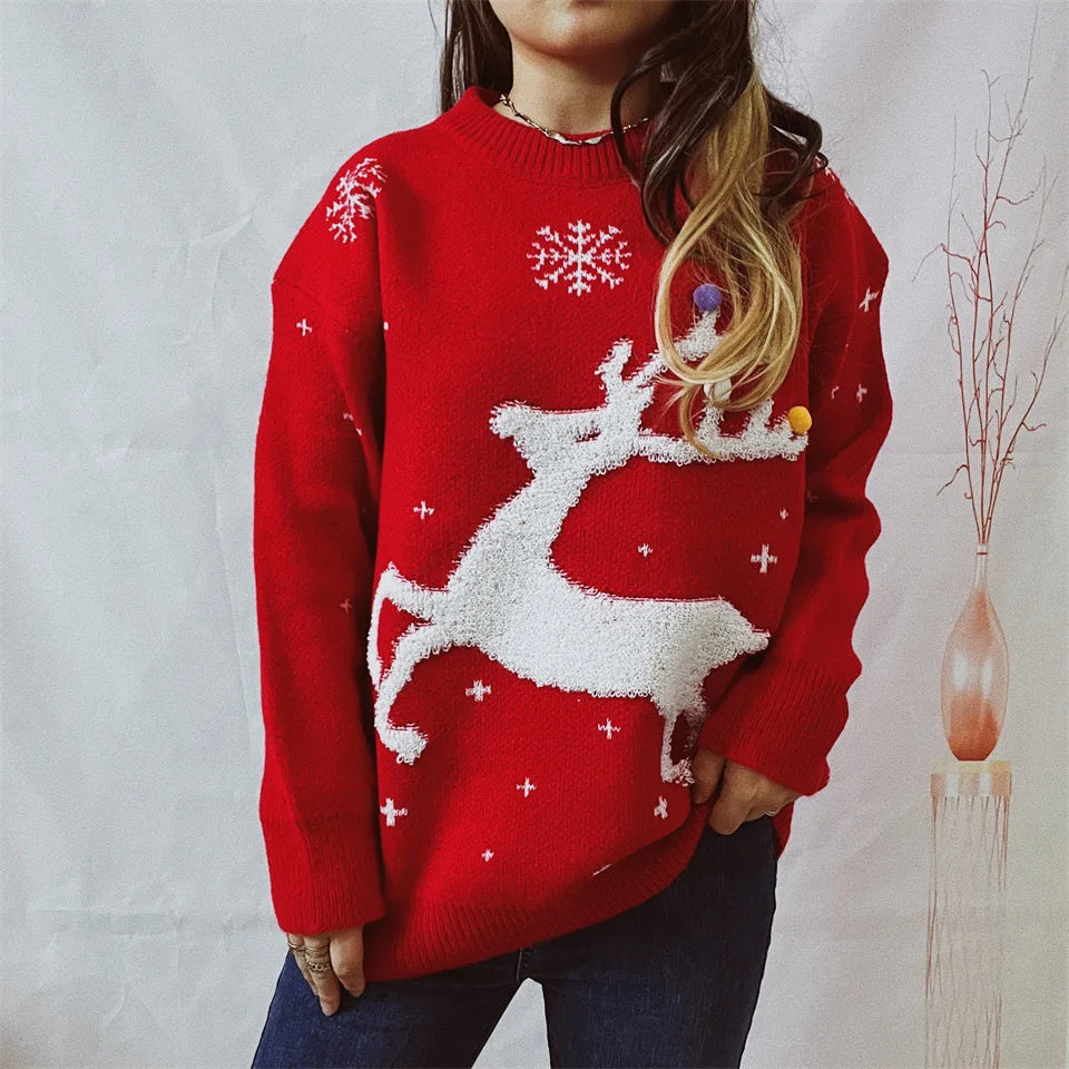 Women's reindeer pom-pom holiday sweater