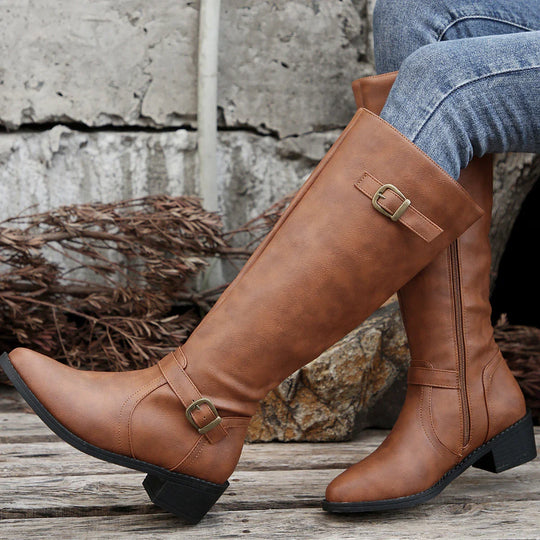 Knee-high riding boots with buckle strap and low heel for women