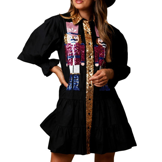 Women's holiday nutcracker sequin shirt dress