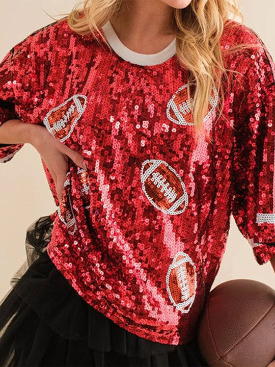 Women's sequin football-themed oversized T-shirt