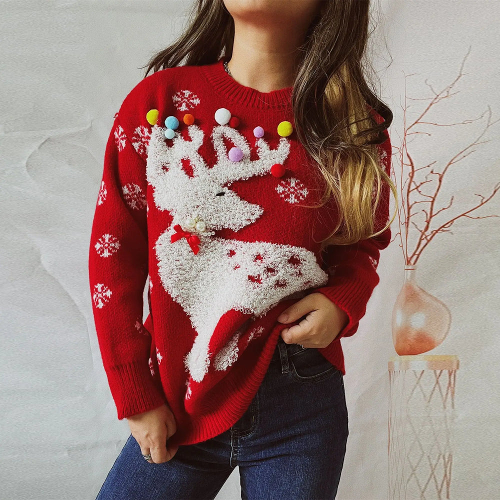 Festive reindeer pom pom Christmas sweater with snowflake print