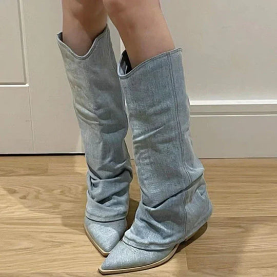 Denim long mid-heel boots for women