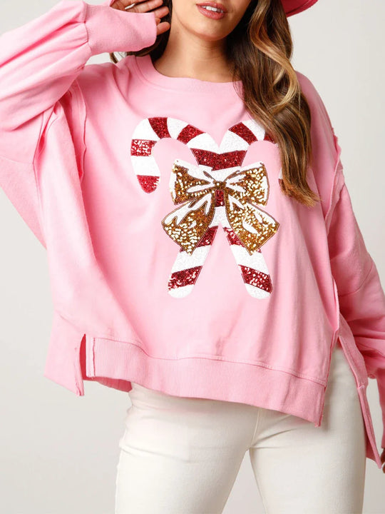 Women's oversized holiday sequin candy cane sweatshirt