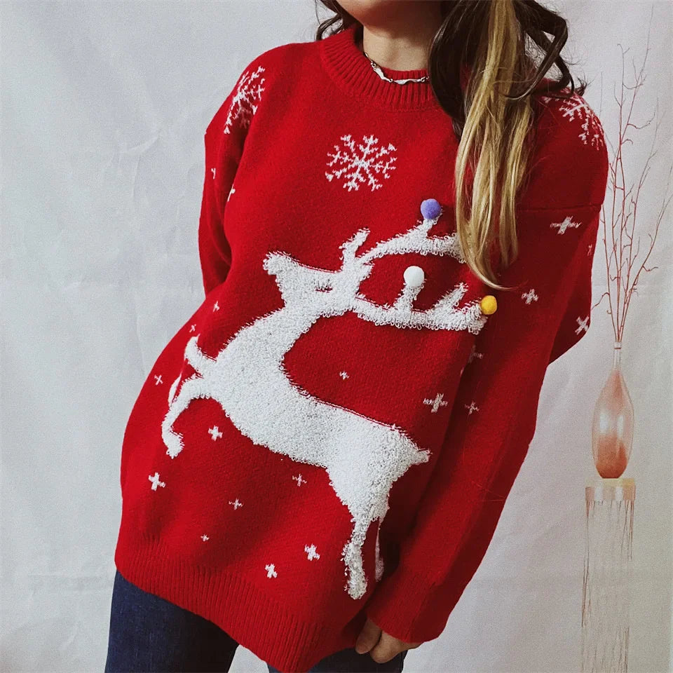 Women's reindeer pom-pom holiday sweater